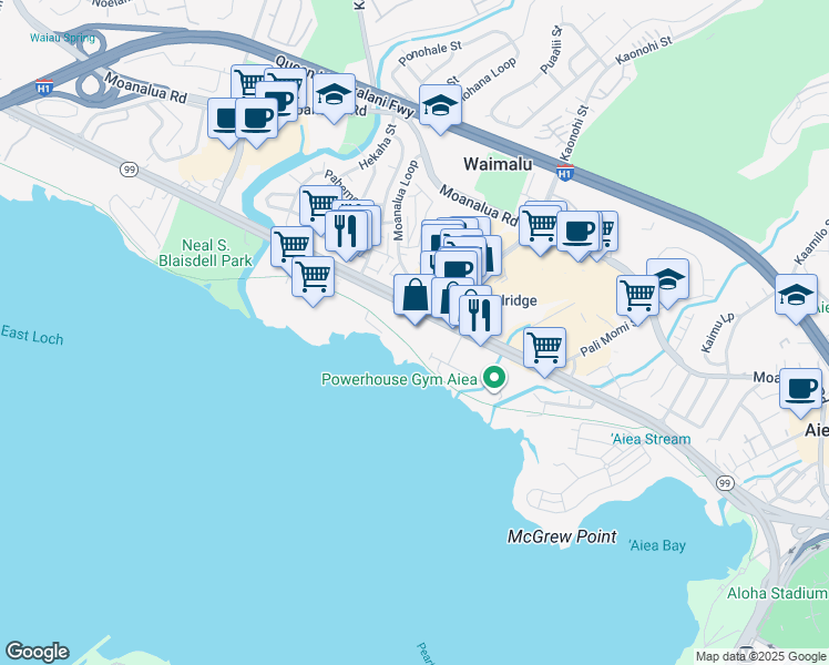 map of restaurants, bars, coffee shops, grocery stores, and more near 98-107 Kam Highway in Aiea