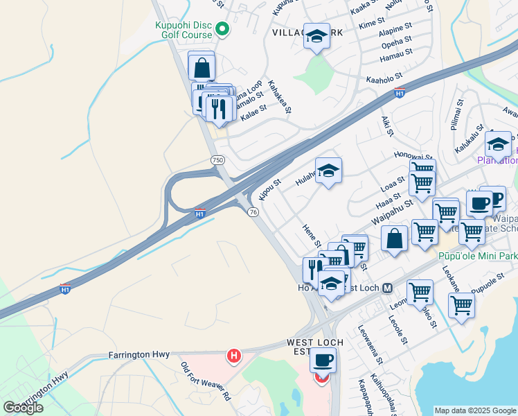 map of restaurants, bars, coffee shops, grocery stores, and more near 94-456 Kipou Street in Waipahu