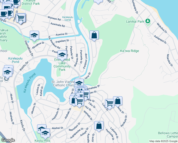 map of restaurants, bars, coffee shops, grocery stores, and more near 728 Iana Street in Kailua