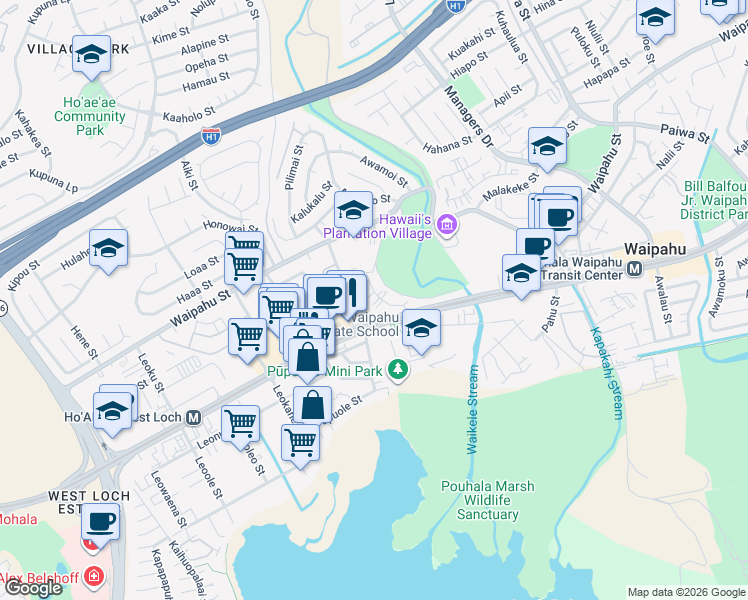 map of restaurants, bars, coffee shops, grocery stores, and more near 94-218 Aniani Place in Waipahu