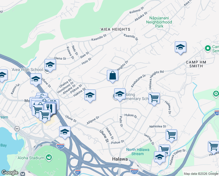 map of restaurants, bars, coffee shops, grocery stores, and more near 99-651 Kaulainahee Place in Aiea