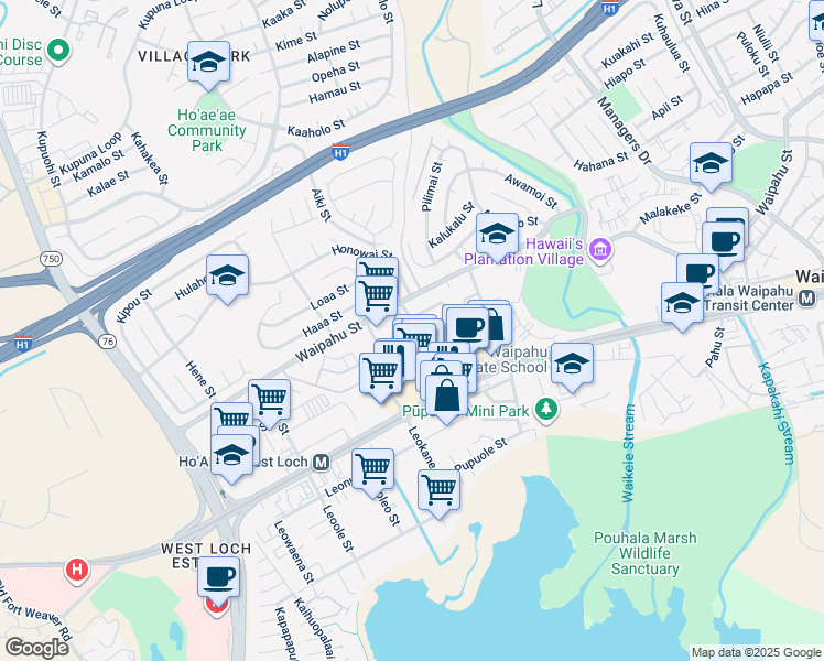 map of restaurants, bars, coffee shops, grocery stores, and more near 94-240 Pupukahi Street in Waipahu