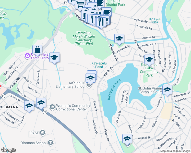 map of restaurants, bars, coffee shops, grocery stores, and more near 226 Akiohala Street in Kailua