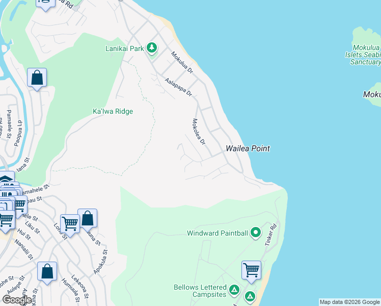 map of restaurants, bars, coffee shops, grocery stores, and more near 1455 Kehaulani Drive in Kailua