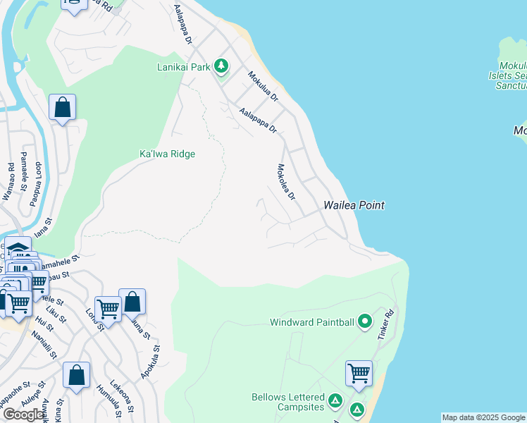 map of restaurants, bars, coffee shops, grocery stores, and more near 340 Lanipo Drive in Kailua