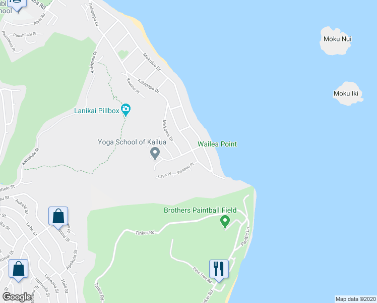 map of restaurants, bars, coffee shops, grocery stores, and more near 157 Lanipo Drive in Kailua