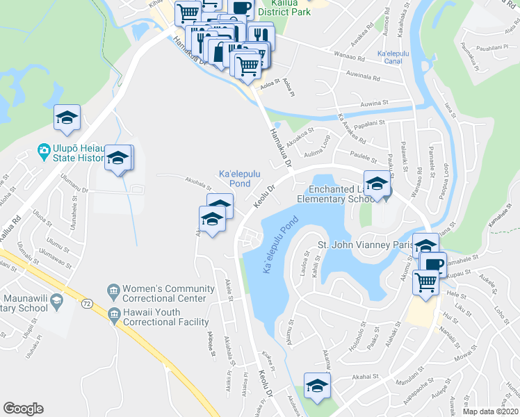 map of restaurants, bars, coffee shops, grocery stores, and more near 555 Keolu Drive in Kailua