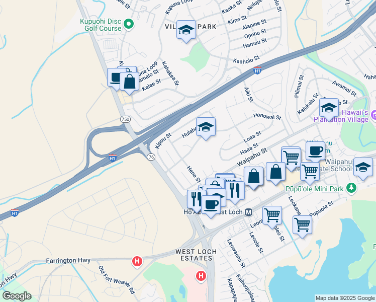 map of restaurants, bars, coffee shops, grocery stores, and more near 94-389 Hene Street in Waipahu