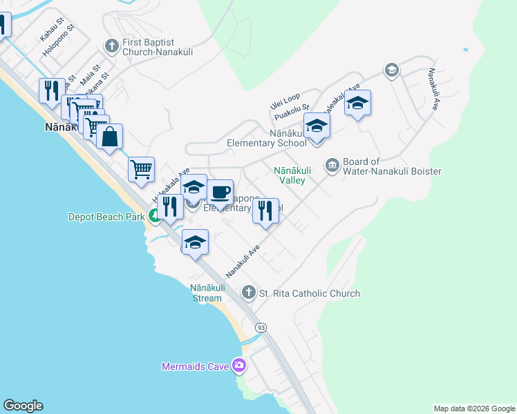 map of restaurants, bars, coffee shops, grocery stores, and more near 89-249 Mano Avenue in Waianae