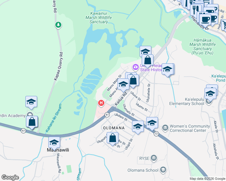 map of restaurants, bars, coffee shops, grocery stores, and more near 1350 Manu Aloha Street in Kailua