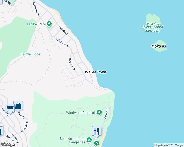 map of restaurants, bars, coffee shops, grocery stores, and more near 1527 Mokulua Drive in Kailua