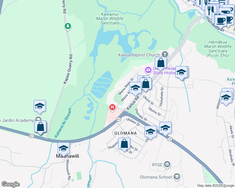 map of restaurants, bars, coffee shops, grocery stores, and more near 1372 Manu Aloha Street in Kailua