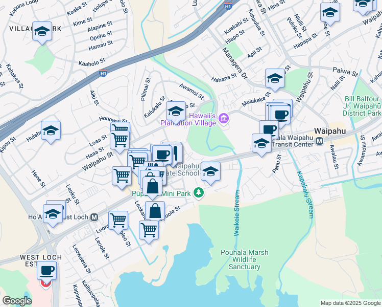 map of restaurants, bars, coffee shops, grocery stores, and more near 94-218 Aniani Place in Waipahu