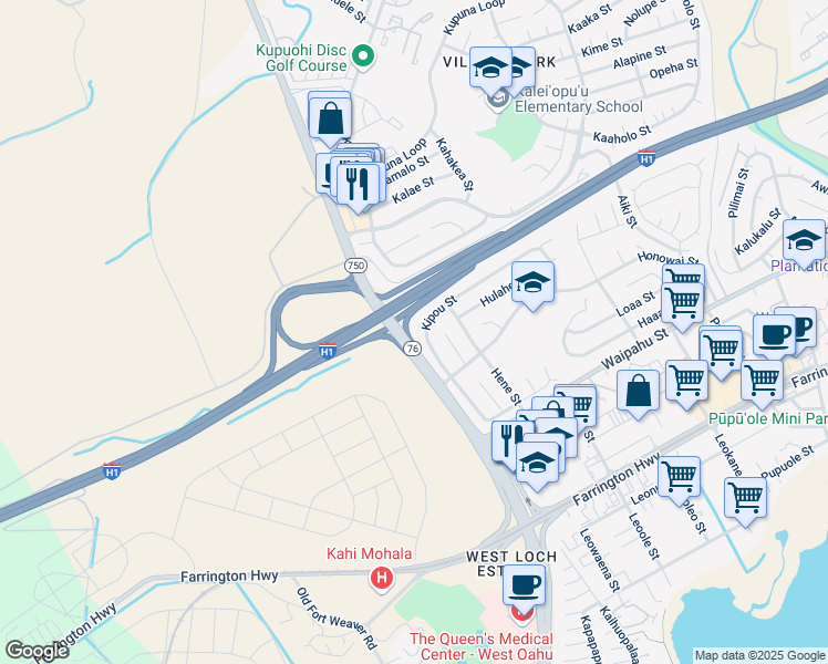 map of restaurants, bars, coffee shops, grocery stores, and more near 94-456 Kipou Street in Waipahu