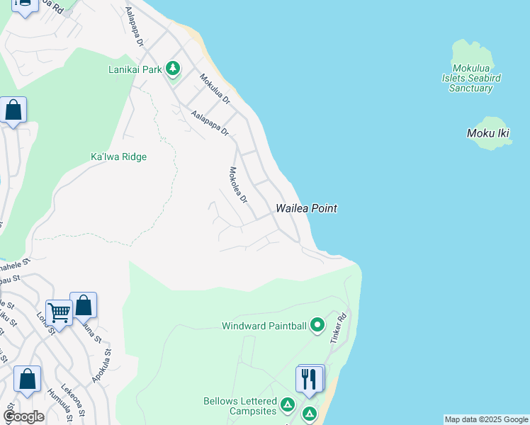 map of restaurants, bars, coffee shops, grocery stores, and more near 157 Lanipo Drive in Kailua