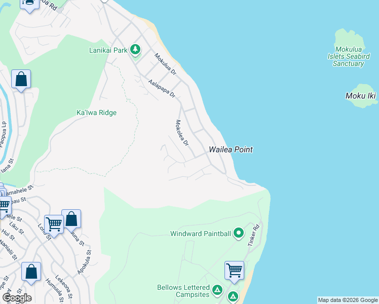 map of restaurants, bars, coffee shops, grocery stores, and more near 1455 Kehaulani Drive in Kailua