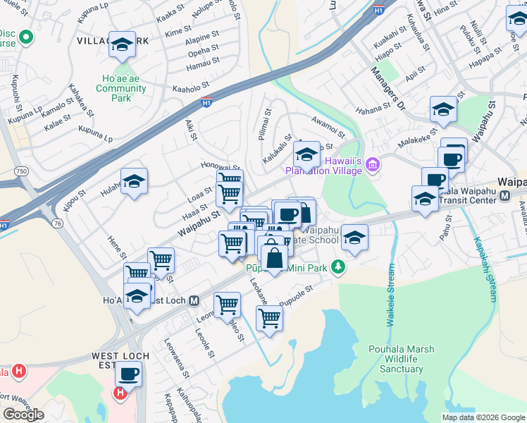 map of restaurants, bars, coffee shops, grocery stores, and more near 94-251 Pupukui Street in Waipahu