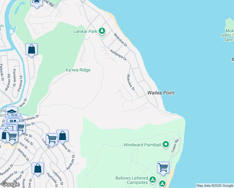 map of restaurants, bars, coffee shops, grocery stores, and more near 341 Lanipo Drive in Kailua