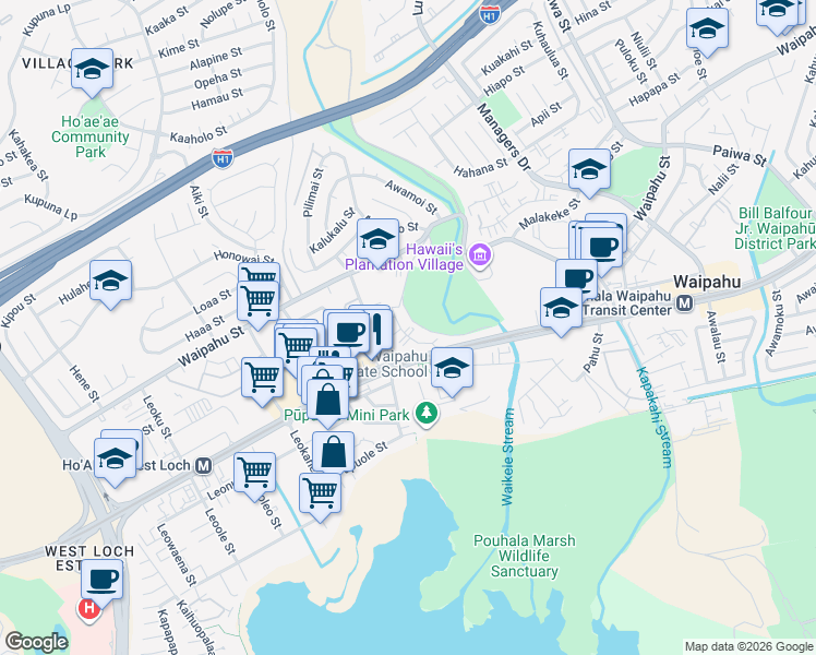 map of restaurants, bars, coffee shops, grocery stores, and more near 94-218 Aniani Place in Waipahu