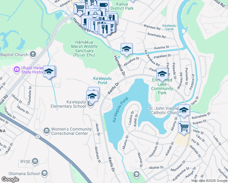 map of restaurants, bars, coffee shops, grocery stores, and more near 595 Keolu Drive in Kailua