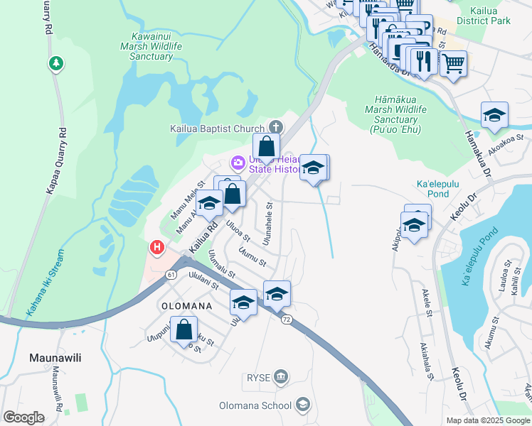 map of restaurants, bars, coffee shops, grocery stores, and more near 1228 Ulunahele Street in Kailua