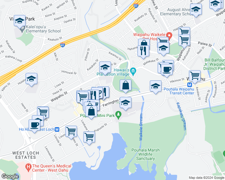 map of restaurants, bars, coffee shops, grocery stores, and more near 94-239 Aniani Place in Waipahu