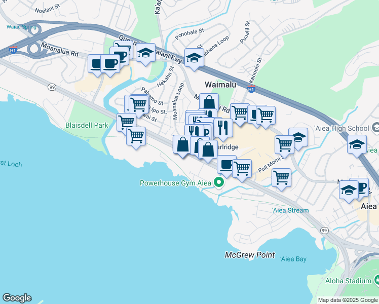 map of restaurants, bars, coffee shops, grocery stores, and more near Kamehameha Hwy & Kaonohi St in Waimalu