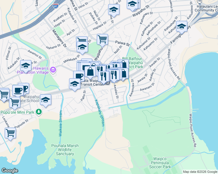 map of restaurants, bars, coffee shops, grocery stores, and more near 94-819 Farrington Highway in Waipahu