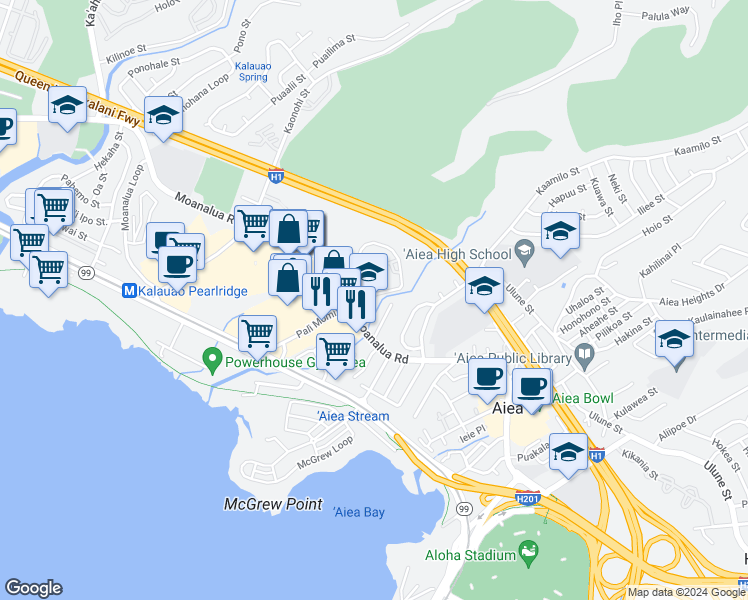 map of restaurants, bars, coffee shops, grocery stores, and more near 98-325 Koauka Street in Aiea