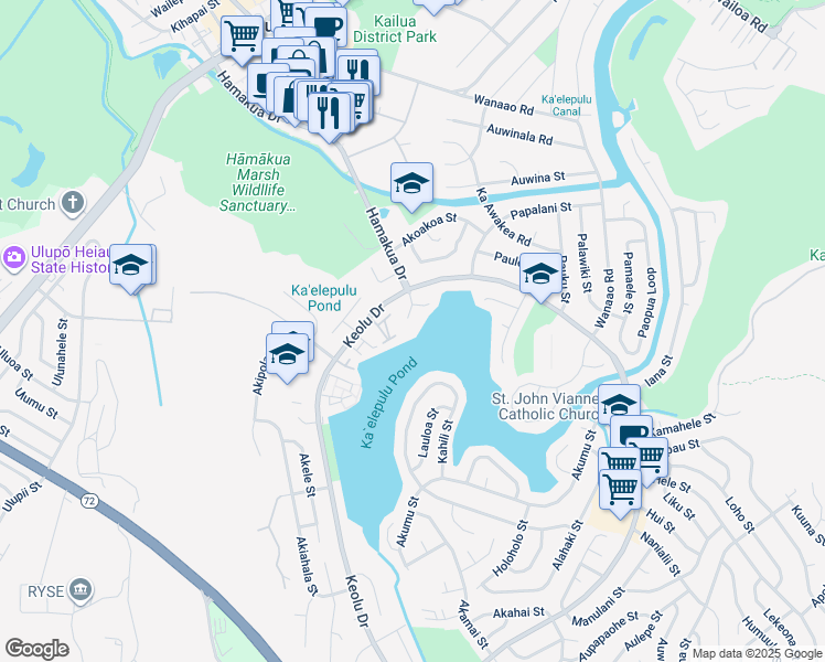 map of restaurants, bars, coffee shops, grocery stores, and more near 640 Ohiki Place in Kailua