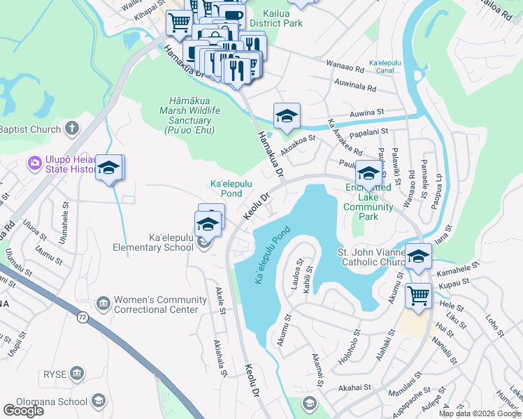 map of restaurants, bars, coffee shops, grocery stores, and more near 595 Keolu Drive in Kailua
