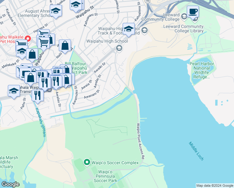 map of restaurants, bars, coffee shops, grocery stores, and more near 94-59 Poailani Circle in Waipahu