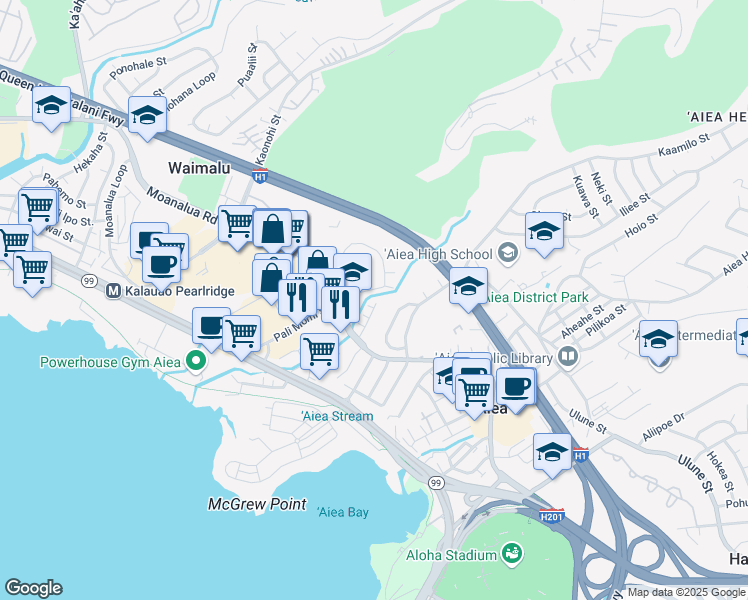 map of restaurants, bars, coffee shops, grocery stores, and more near 98-288 Hale Momi Place in Aiea