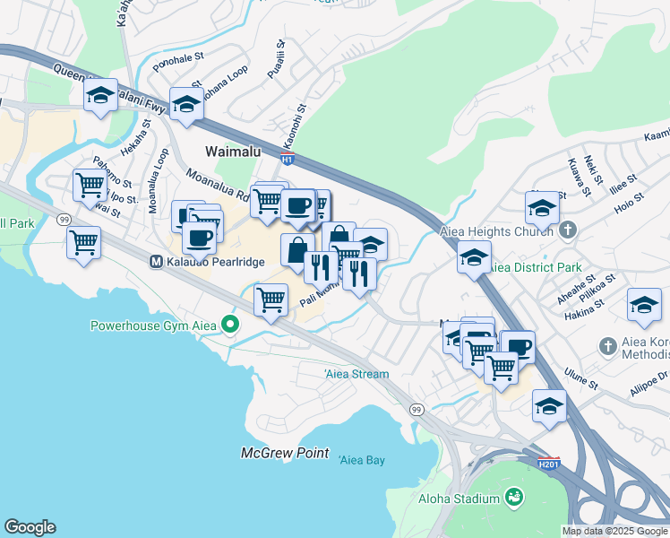 map of restaurants, bars, coffee shops, grocery stores, and more near 98-1071 Moanalua Road in Aiea