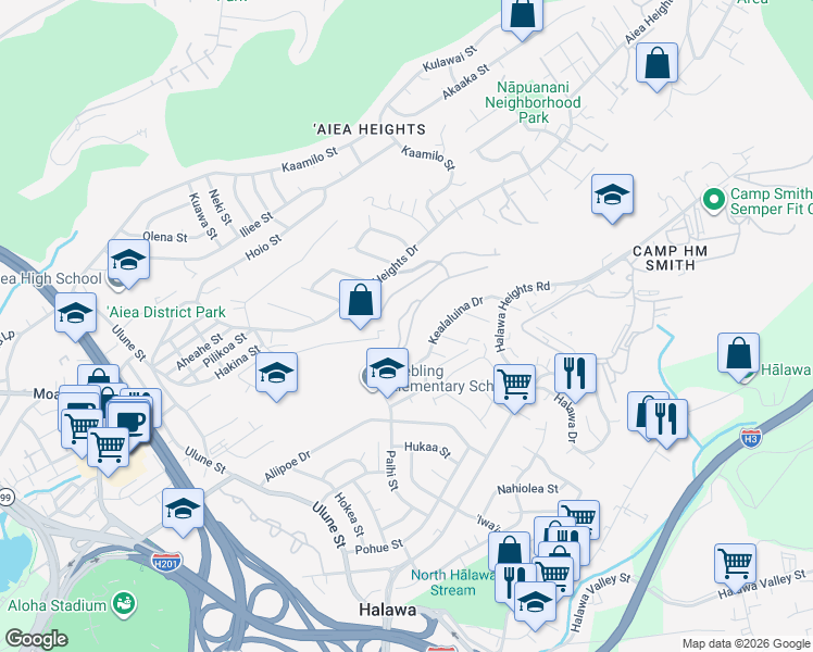 map of restaurants, bars, coffee shops, grocery stores, and more near 99-754 Meaala Street in Aiea