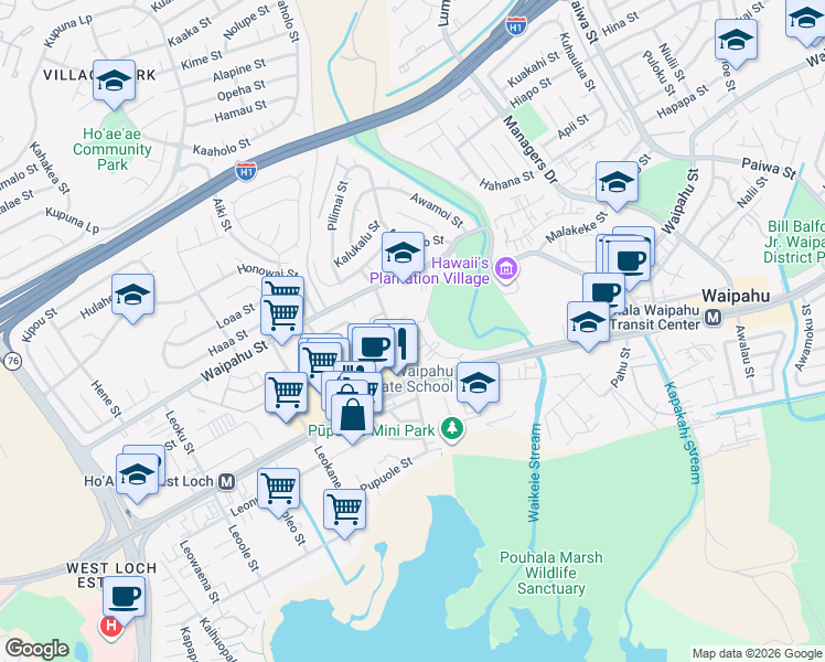 map of restaurants, bars, coffee shops, grocery stores, and more near 94-249 Waikele Road in Waipahu