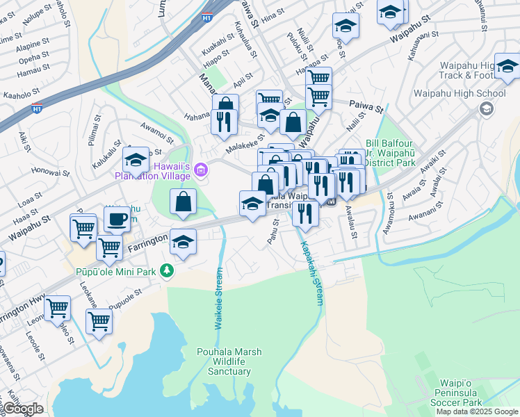 map of restaurants, bars, coffee shops, grocery stores, and more near 64-672 Farrington Highway in Waipahu