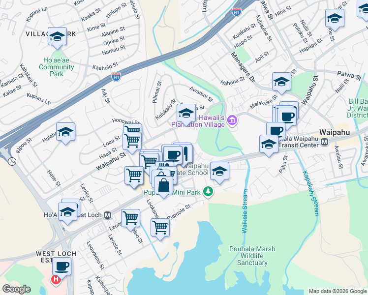 map of restaurants, bars, coffee shops, grocery stores, and more near 94-249 Waikele Road in Waipahu