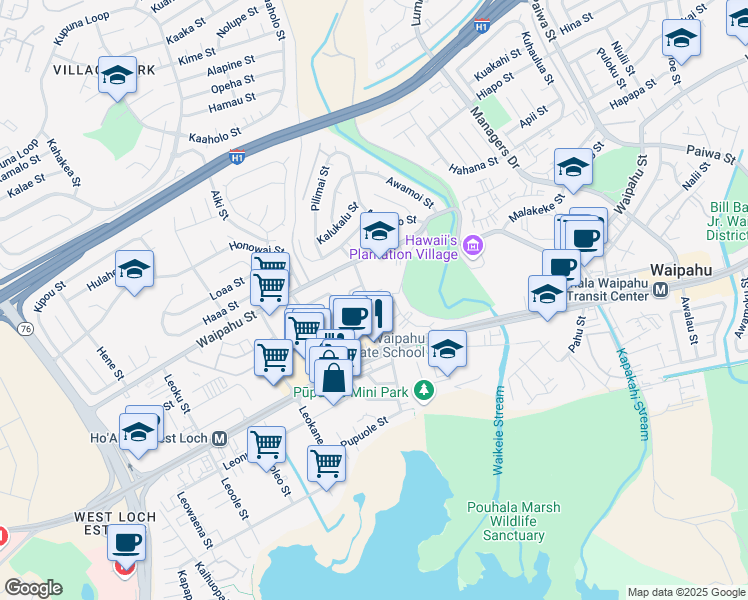 map of restaurants, bars, coffee shops, grocery stores, and more near 94-249 Waikele Road in Waipahu