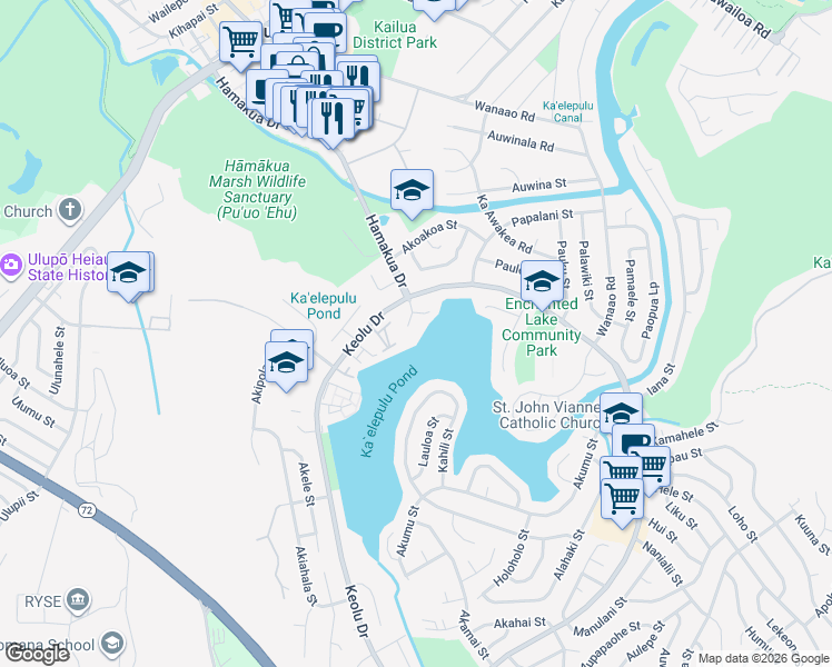 map of restaurants, bars, coffee shops, grocery stores, and more near 640 Ohiki Place in Kailua