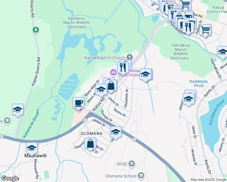 map of restaurants, bars, coffee shops, grocery stores, and more near 1230 Kailua Road in Kailua