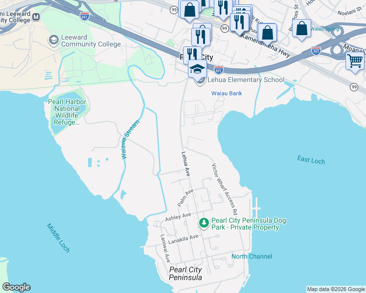 map of restaurants, bars, coffee shops, grocery stores, and more near 697-755 Lehua Avenue in Pearl City