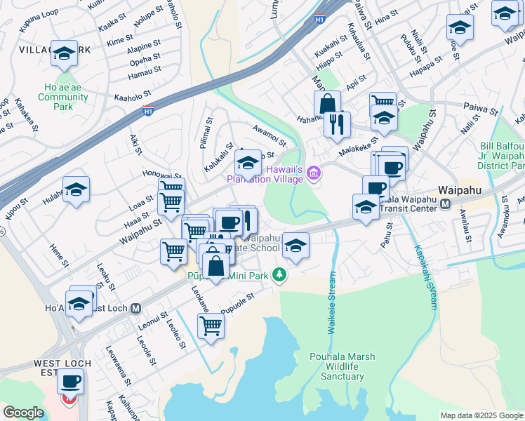 map of restaurants, bars, coffee shops, grocery stores, and more near 94-239 Aniani Place in Waipahu