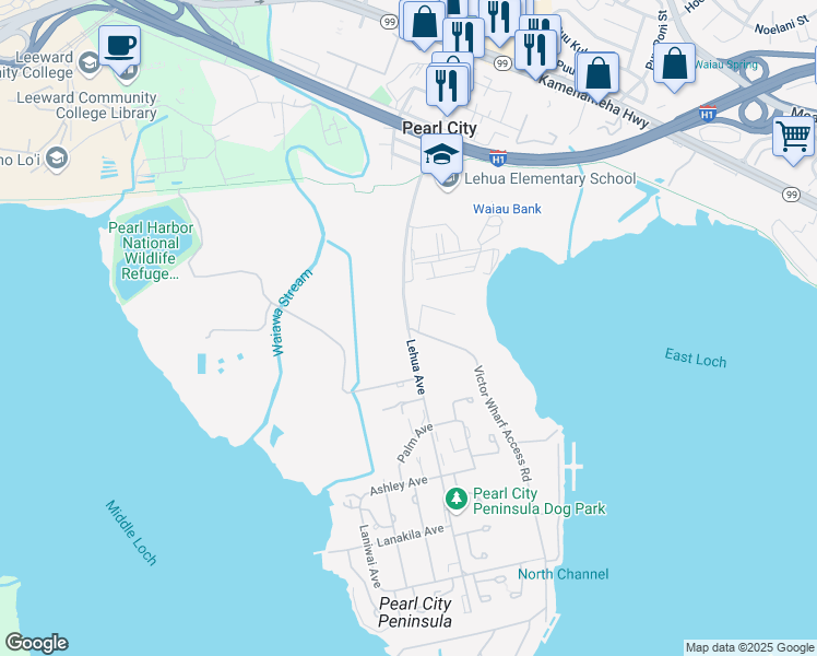 map of restaurants, bars, coffee shops, grocery stores, and more near 697 Lehua Avenue in Pearl City