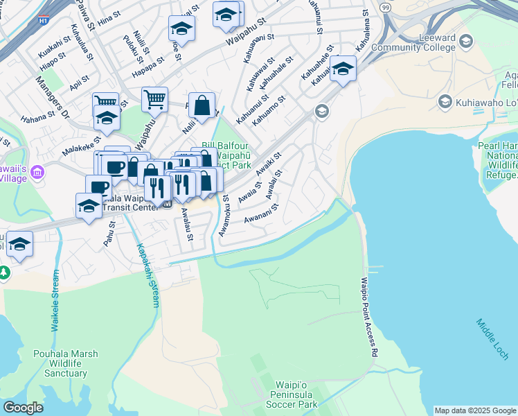 map of restaurants, bars, coffee shops, grocery stores, and more near 94-1015 Awalai Street in Waipahu
