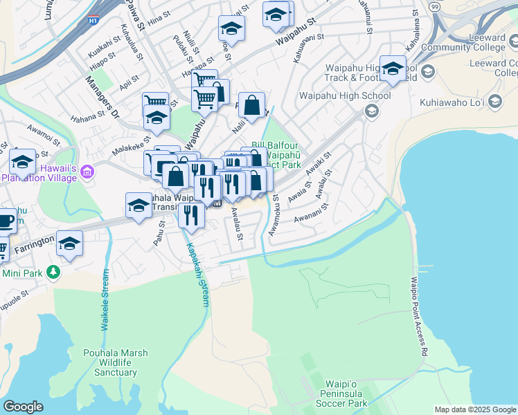 map of restaurants, bars, coffee shops, grocery stores, and more near 94-903 Farrington Highway in Waipahu