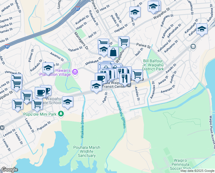 map of restaurants, bars, coffee shops, grocery stores, and more near 94-712 Farrington Highway in Waipahu