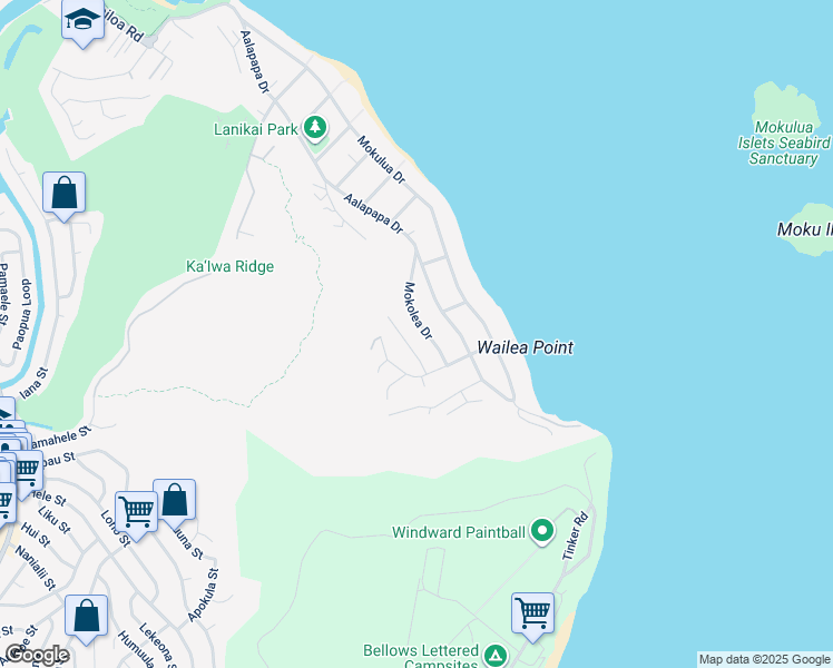 map of restaurants, bars, coffee shops, grocery stores, and more near 1409 Mokolea Drive in Kailua