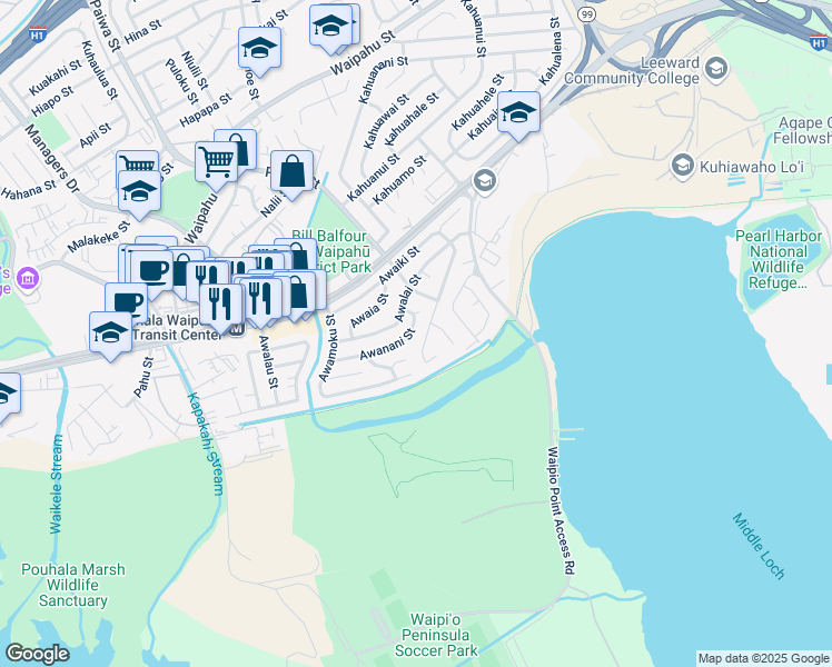 map of restaurants, bars, coffee shops, grocery stores, and more near 94-1221 Awaiki Street in Waipahu
