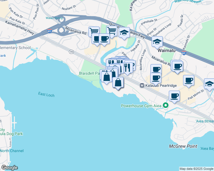 map of restaurants, bars, coffee shops, grocery stores, and more near 98-21 Kamehameha Highway in Aiea